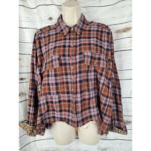 Anthropologie Pilcro Brown Plaid Crop Top L Relaxed Fringe Button Leopard Trim